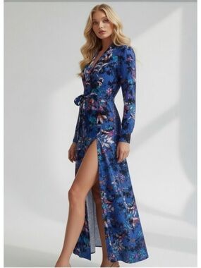 Yumi Kim Silk Maxi Dress XS Blue Floral Belted Shirt Dress Long Sleeve 100% silk